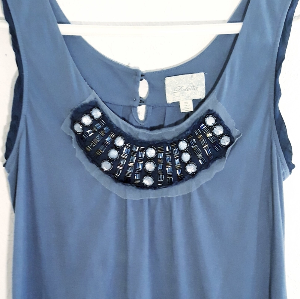 Anthropologie Deletta Blue Jewel Beaded Tank Top - Size Medium Embellished Tank - Picture 3 of 5